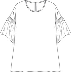 frilled sleeve detail. Womens blouse fashion flat technical drawing template