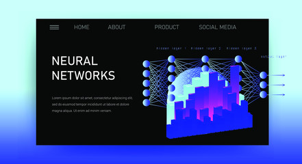 Aufkleber - Web site template for Big Data  analysis, Artificial intelligence and  Information science. Illustration of 3D graphs and plots, Neural Network scheme.