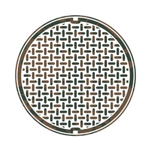 Vector Drawing Of A Rusty And Dirty Industrial Manhole Or Sewer Cap Isolated On White. Can Be Used To Represent City Infrastructures, Waste Filth, Plumbing, Water Treatment, Urban Services And More.