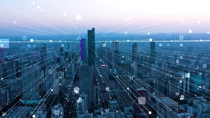 smart Connected city skyline. Futuristic network concept, city Technology.	