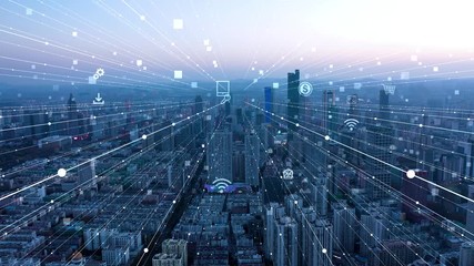 smart Connected city skyline. Futuristic network concept, city Technology.	