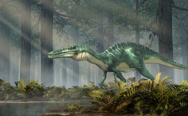Aufkleber - Suchomimus was a large carnivorous spinosaurid theropod dinosaur that lived in Cretaceous era Africa. It likely at fish and was semi-aquatic. Depicted in a forest. 3D Rendering 