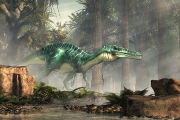 Aufkleber - Suchomimus was a large carnivorous spinosaurid theropod dinosaur that lived in Cretaceous era Africa. It likely at fish and was semi-aquatic. Depicted in a forest. 3D Rendering 