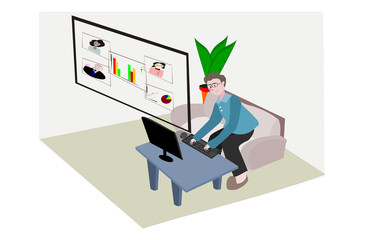 Man working at home and online conference. people using laptop for social distancing . Vector people illustration on isolate white background. Cartoon character person flat design .