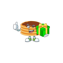 Poster - Smiley chocolate cream pancake cartoon character holding a gift box