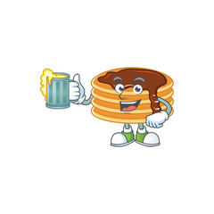 Sticker - Happy chocolate cream pancake mascot style toast with a glass of beer