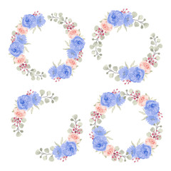 Wall Mural - Watercolor rose floral circle border for decoration set