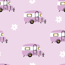 Seamless Repeat Retro Camper. Vintage Rv Seamless Pattern With Pink Background And Daisies.