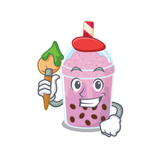 Poster - A creative taro bubble tea artist mascot design style paint with a brush