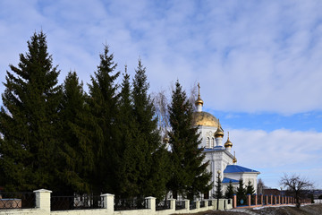 Wall Mural - View of the Orthodox Church with fir trees in the foreground