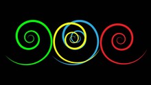 Animation Of Abstract Spiral Swirling On Black Background.  Green Red Yellow And Blue Hypnotic Spiral
