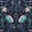 Seamless floral vector pattern with twigs and soft purple flowers of plants on a dark blue, indigo background. Symmetric ornament in the style of medieval tapestries and works of William Morris.