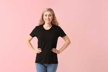 Sticker - Woman in stylish t-shirt on color background