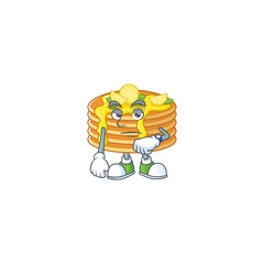 Canvas Print - Lemon cream pancake with waiting gesture cartoon mascot design concept