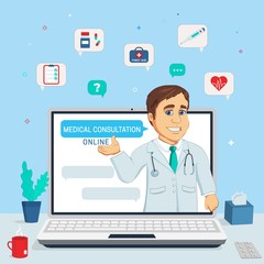 Doctor character with stethoscope on the screen, concept of online diagnostics chat, medical consultation site and app. Notebook, medical icons set background. Vector illustration in flat style.