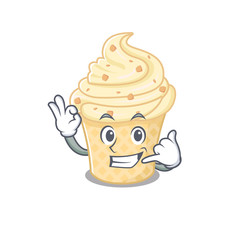 Poster - Cartoon design of vanilla ice cream with call me funny gesture