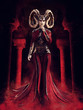 Fantasy sorceress dressed in red standing in a stone temple in red fog. 3D render. The model in the image is a 3D object.