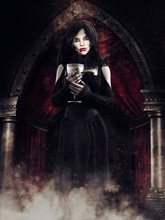 Gothic Scene With A Vampire Girl Standing With A Chalice In An Old Mansion. 3D Render. The Model In The Image Is A 3D Object.