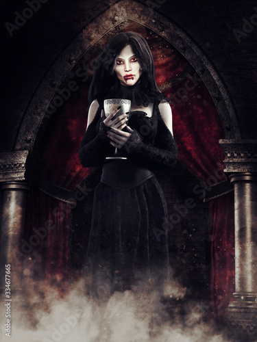 Cuadros en Lienzo Gothic scene with a vampire girl standing with a chalice in an old mansion