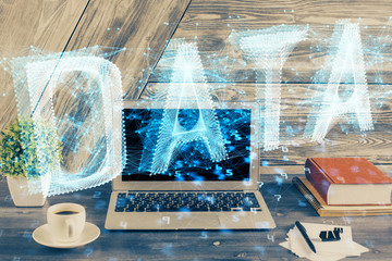double exposure of desktop computer and technology theme hologram. concept of software development.
