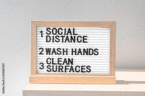 COVID-19 health hygiene guidelines. Rules, social distancing, wash hands often, clean surfaces, sanitizing surface, hand washing, stay home. Coronavirus self isolation remote working from home.