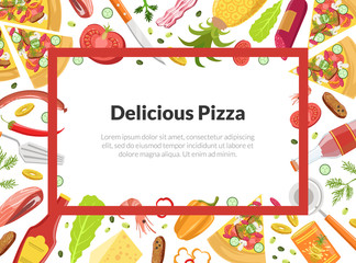 Sticker - Delicious Pizza Card Template with Cooking Ingredients, Element Can be Used for Restaurant, Cafe Flyer or Certificate Vector Illustration