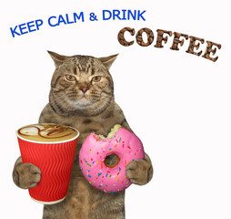 The beige cat is holding a red paper cup of black coffee and a pink bitten donut. Keep calm and drink coffee. White background. Isolated.