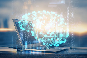 Aufkleber - Multi exposure of work space with computer and human brain hologram. Brainstorm concept.