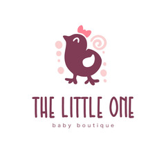 Logo design for kid toys store, market, boutique with cute little girl chicken character silhouette isolated on white background. Baby accessories boutique emblem design. Vector flat illustration.