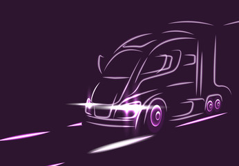 Neon silhouette of a truck on the highway. Electric car. Abstract modern style. illustration