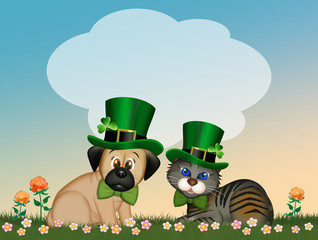 Poster - dog and cat celebrate St. Patrick's day