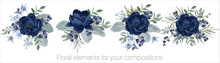 Vector Floral Set With Leaves And Flowers. Elements For Your Compositions, Greeting Cards Or Wedding Invitations. Blue Anemones