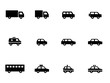 トラック,自動車,救急車,パトカー,バス,タクシーなどのアイコンのセット。交通や移動に関するシンプルなシルエットのイラスト。