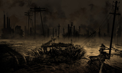 Wall Mural - post Apocalypse, Ruins of a city. Apocalyptic landscape