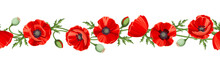 Vector Horizontal Seamless Border With Red Poppy Flowers On A White Background.