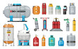 Set of vector gas cylinder. Cylindrical container with liquefied compressed gases with high pressure and valves isolated. Lpg gas-bottle and gas-cylinder. Safety fuel tank of helium butane acetylene