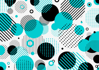 Wall Mural - Abstract retro 80s-90s pattern blue and black geometric circles, line, dot on white background.