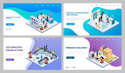 Wall Mural - Set of pictures with automated production and product development. People working on engineering process, controlling it and logistics. Vector illustration of manufacturing website in flat style