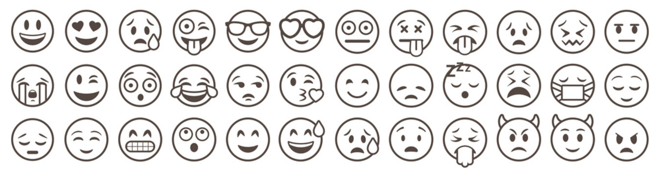 Wall Mural - Emoticons set. Emoji faces collection. Emojis flat style. Happy and sad emoji. Line smiley face - stock vector