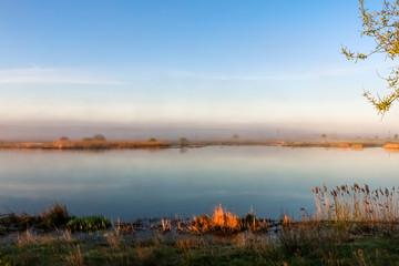 Wall Mural - beautiful sunny landscape with river, sun shines