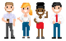 Man And Woman Pixelated Graphics Of 8 Bit Game Isolated Character Of Pixel Game, Mosaic Representation, Afro American And Evropean Personages, Friends Spending Time Together, For Business Or Education
