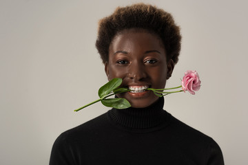 Wall Mural - smiling african american woman in black turtleneck holding pink flower in teeth isolated on grey