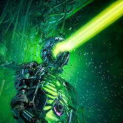 extreme transmission overload / 3d illustration of futuristic metallic science fiction cyborg shooti