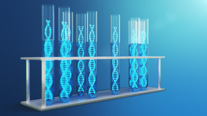Wall Mural - 3D Illustration DNA molecule, its structure. Concept human genome. DNA molecule with modified genes. Conceptual illustration of a dna molecule inside a glass test tube with liquid. Medical equipment.