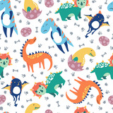 Fototapeta Dinusie - Dinosaurs seamless pattern for kids, Creative vector childish background