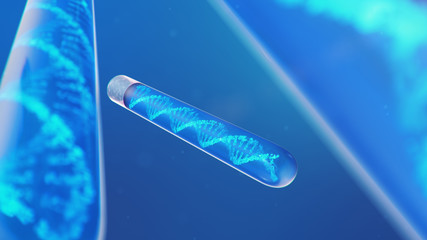 Wall Mural - DNA molecule, its structure. Concept human genome. DNA molecule with modified genes. Conceptual illustration of a dna molecule inside a glass test tube with liquid. Medical equipment, 3D illustration