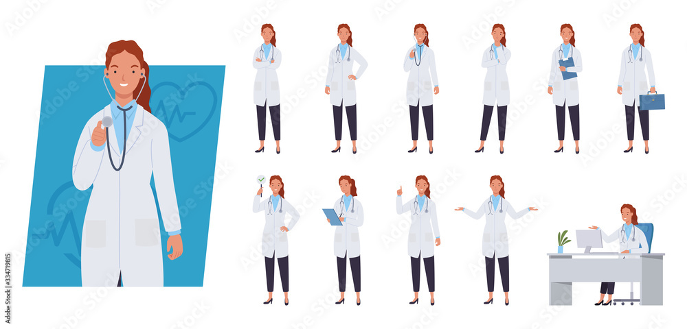 Female doctor character set. Different poses and emotions. Vector ...