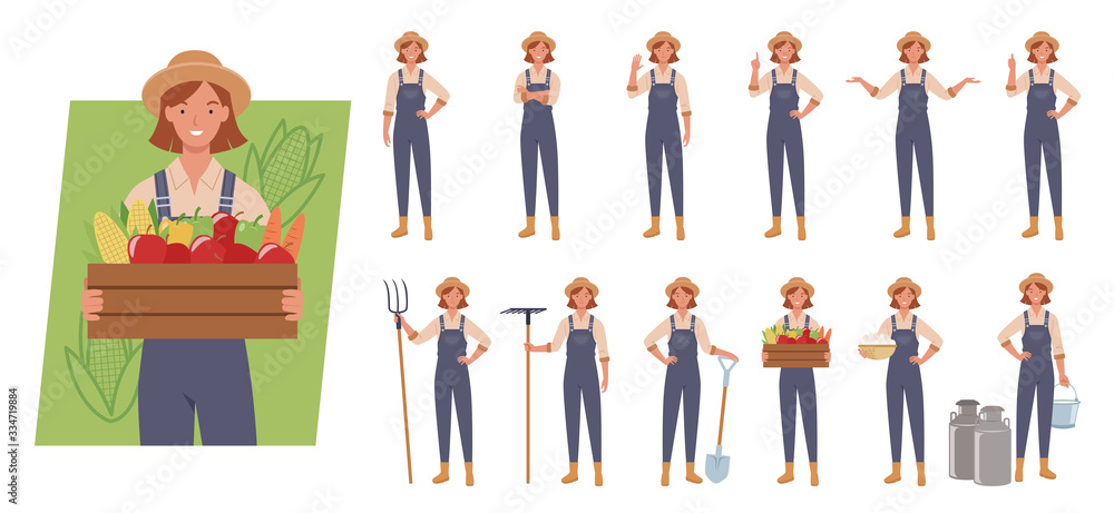 Female farmer character set. Different poses and emotions. Vector ...