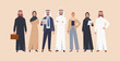 © Pharanyu - group of arab man and woman business people standing together in traditional islamic clothes . Arabic characters businessmen and businesswomen. Vector illustration in a flat style