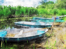Watercolor Painting Of Group Of Fishing Boats At Witzker Lake In Brandenburg Havelland Region In Germany